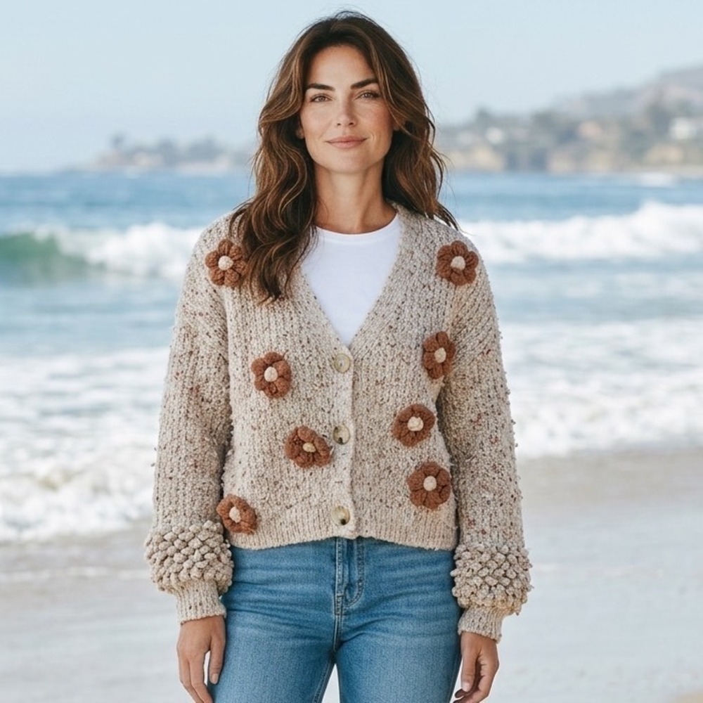 Luna Ivy Cream‎ Chunky Knit 3D Flower Applique Cardigan Sweater Women S Boho